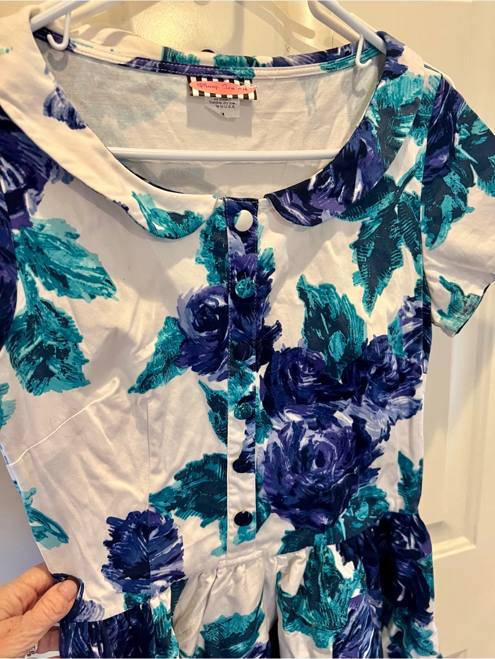 Pinup Couture White ‘Roses’ Dress in Blue and Teal Floral Print